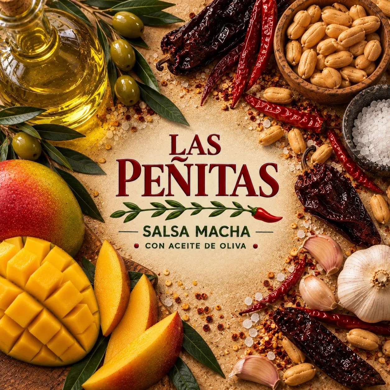 Portada de la salsa macha Mango con morita, mango, cacahuate y ajonjolí