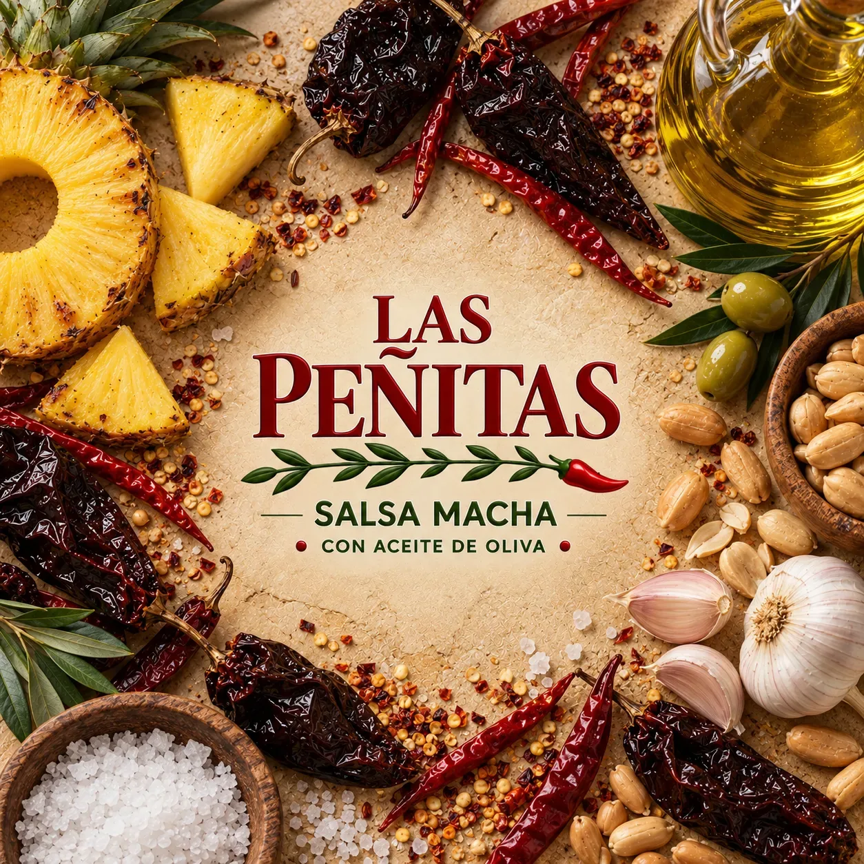 Portada de la salsa macha Piña con morita, piña, cacahuate y ajonjolí