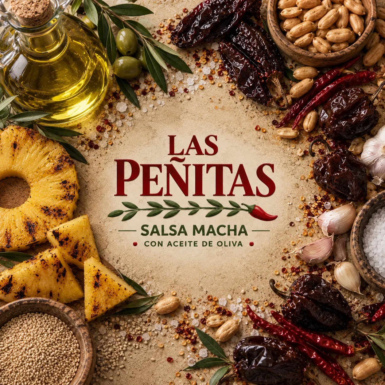 Portada de la salsa macha Piña-Habanero con piña y chile habanero rojo