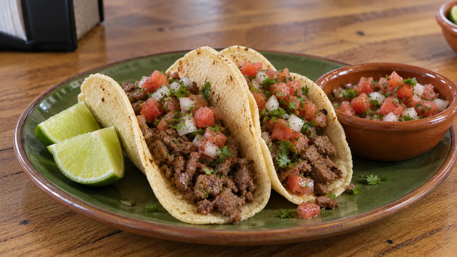 Dos tacos de carne molida de res en tortilla de maíz con salsa mexicana, limones y un tazón de salsa sobre plato de barro verde